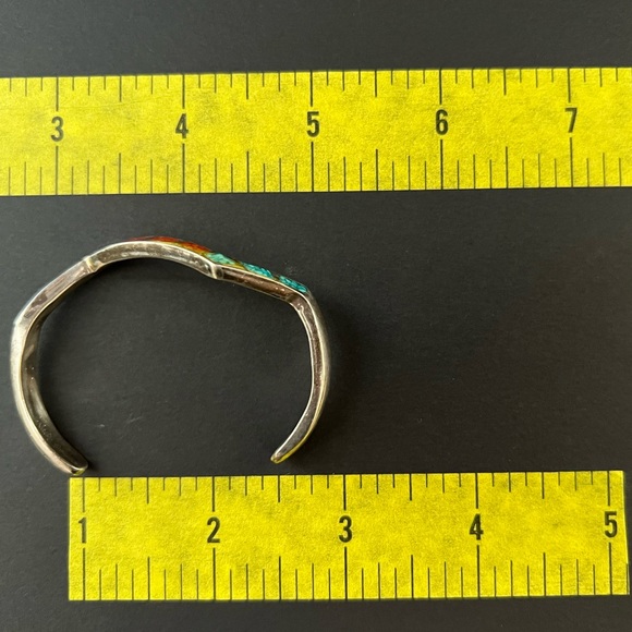 Vintage Sterling Silver Turquoise and Coral Inlay Bracelet - Picture 9 of 9